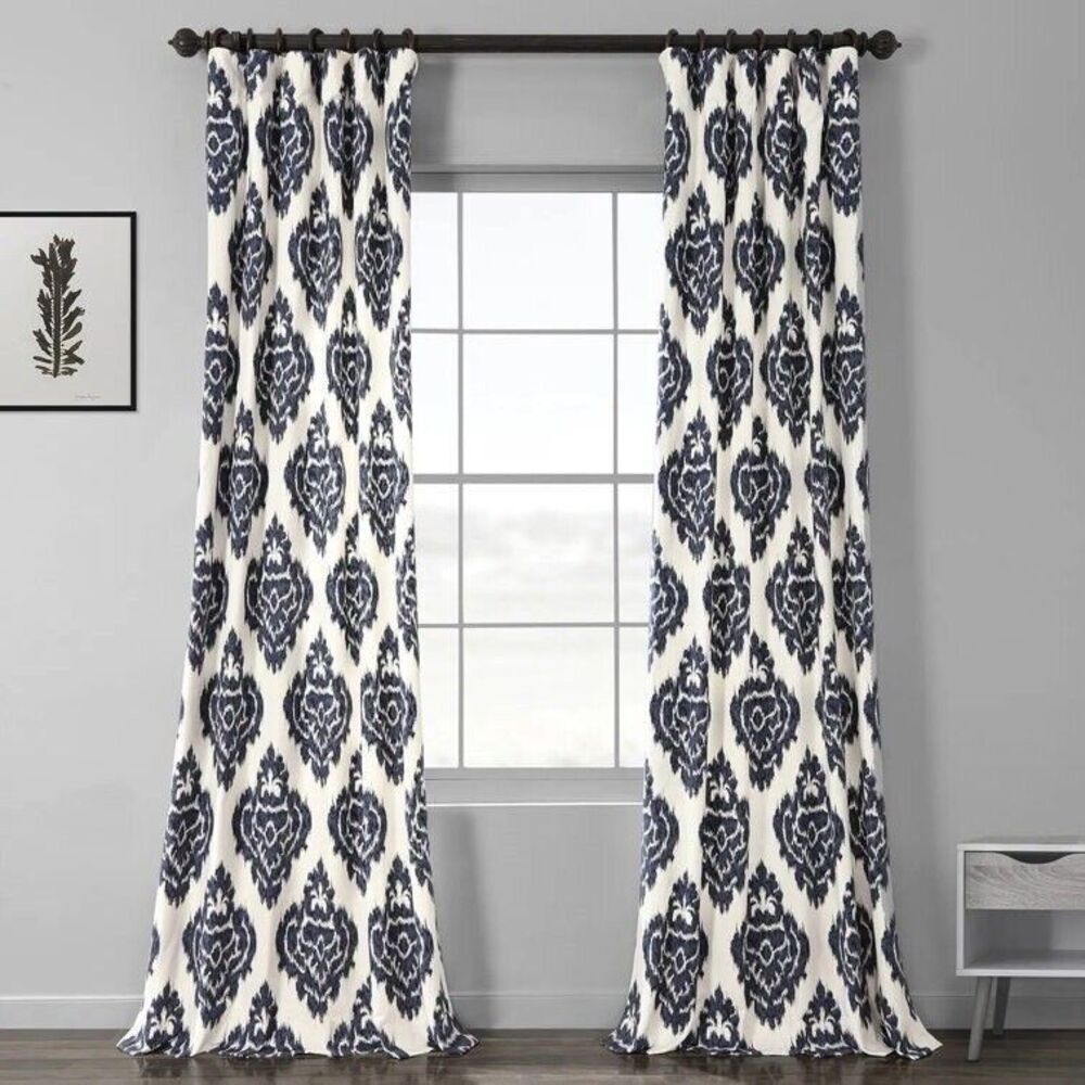 Exclusive Fabrics Ikat Blue Cotton Curtains 2 Panel Room Darkening 50" x 96" EUC